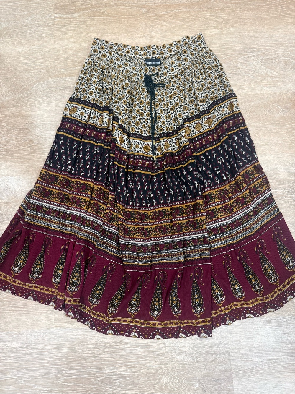 Sag Harbor Burgundy, Black & Mustard Boho Tiered Skirt